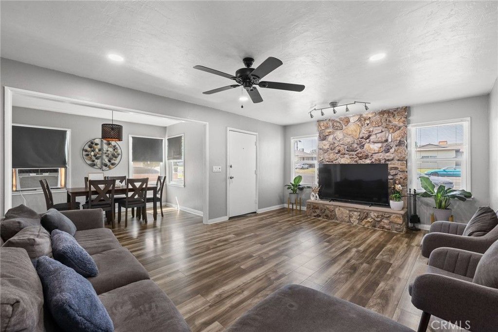 Dining room, Interior, Living room, Recessed Lighting, Stone Walls, Wood Texture Flooring