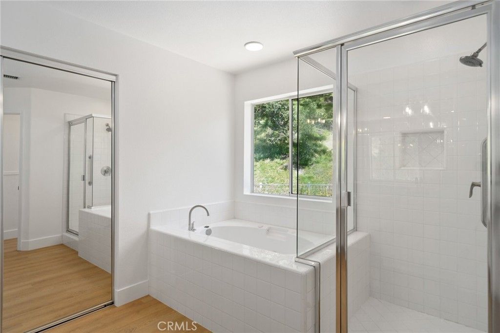 Bathroom, Glass Shower, Interior, Recessed Lighting, Wood Texture Flooring