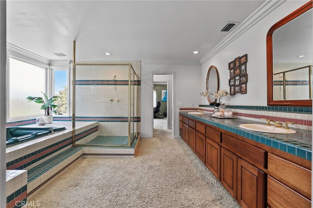 Bathroom, Dual Sink Vanities, Glass Shower, Interior, Recessed Lighting, Tile Countertops