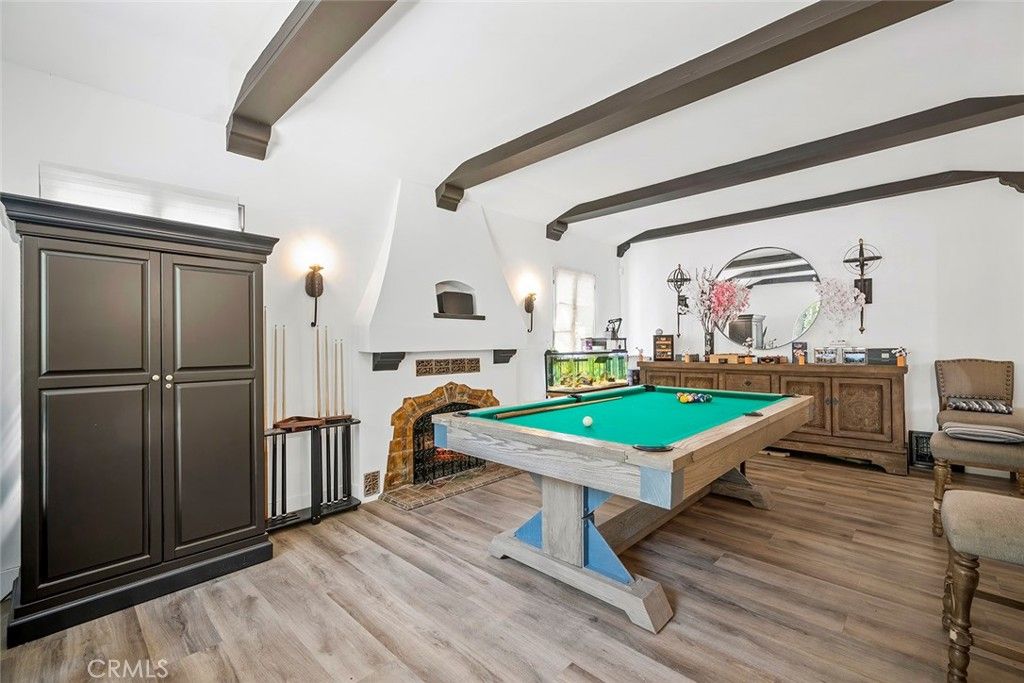 Billiard Table, Fireplace, Game Room, Interior, Wooden Beams, Wood Texture Flooring