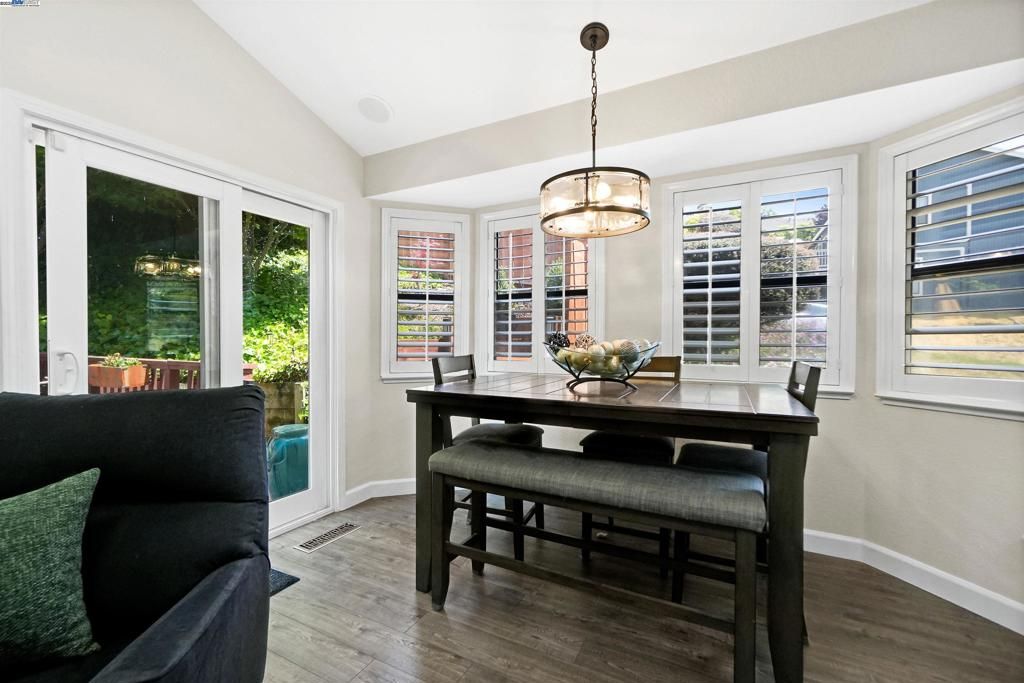 Dining room, Interior, Pendant Lights, Wood Texture Flooring