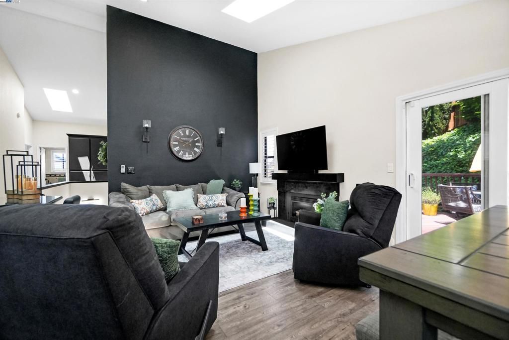 Fireplace, Interior, Living room, Recessed Lighting, Wood Texture Flooring