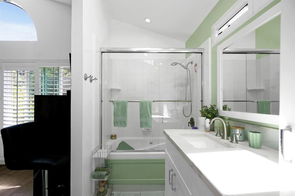 Bathroom, Glass Shower, Interior, Recessed Lighting, Wood Texture Flooring