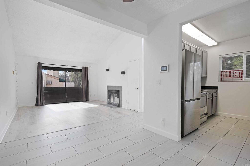Empty room, Fireplace, Interior, Kitchen, Stainless Steel Appliances