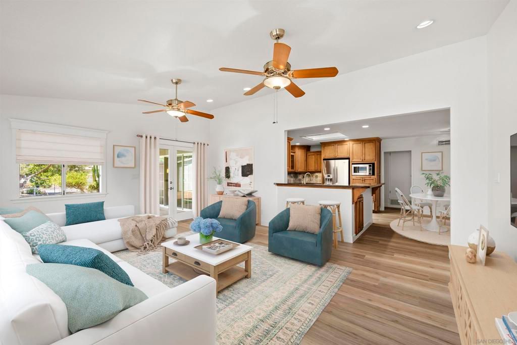 Dining room, Interior, Kitchen, Living room, Recessed Lighting, Stainless Steel Appliances, Wood Texture Flooring