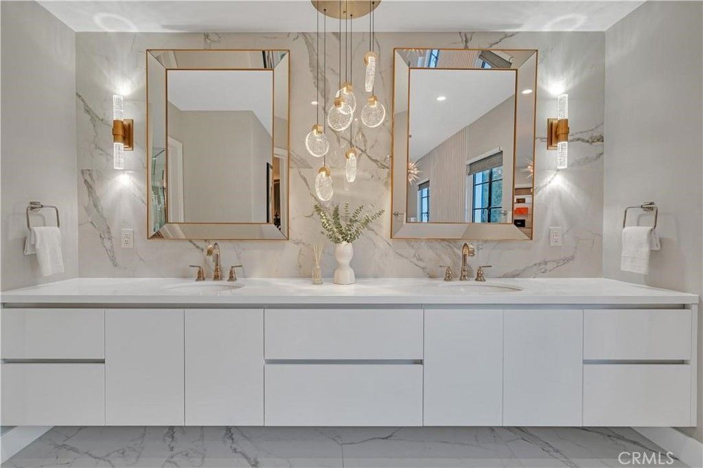Bathroom, Dual Sink Vanities, Interior, Marble, Marble Walls, Pendant Lights