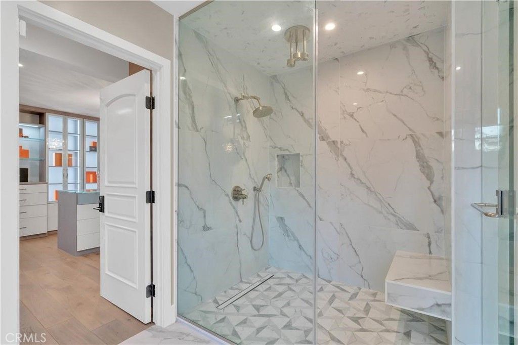 Bathroom, Glass Shower, Interior, Marble, Marble Walls, Recessed Lighting, Wood Texture Flooring