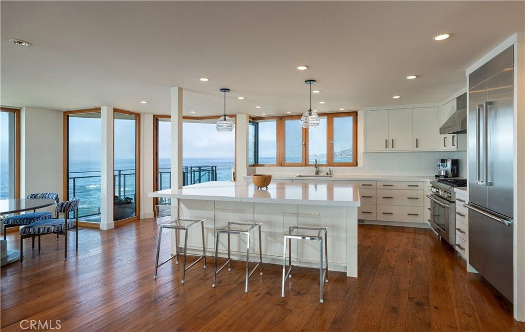 Interior, Kitchen, Pendant Lights, Recessed Lighting, Stainless Steel Appliances, Water, Wood Texture Flooring