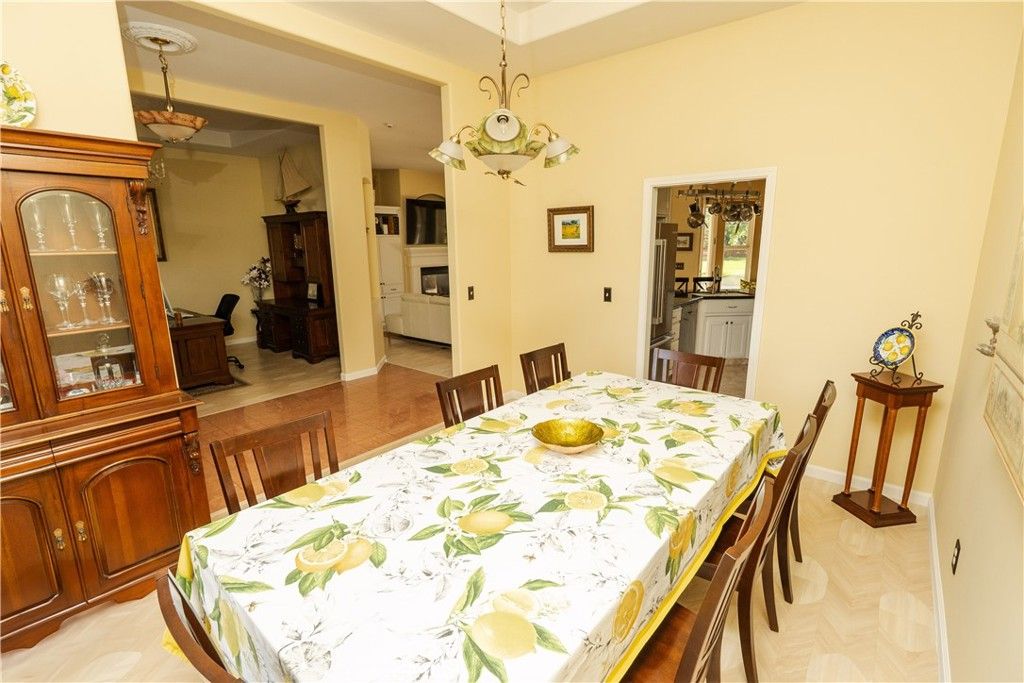 Dining room, Fireplace, Interior, Pendant Lights