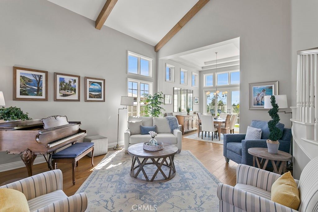 Dining room, Interior, Living room, Pendant Lights, Piano, Wooden Beams, Wood Texture Flooring