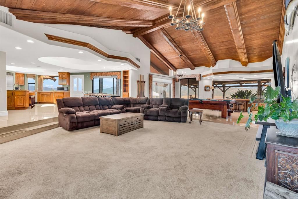 Billiard Table, Chandelier, Game Room, Interior, Living room, Recessed Lighting, Wooden Beams, Wooden Ceilings