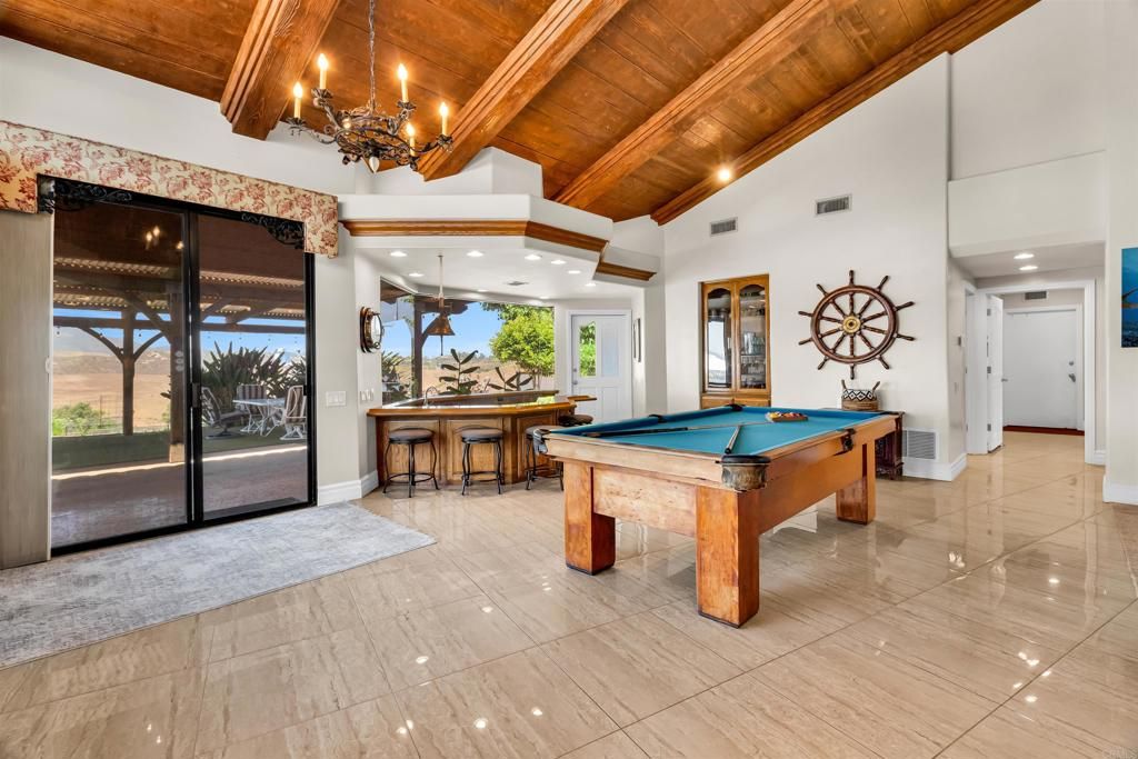 Billiard Table, Chandelier, Game Room, Interior, Recessed Lighting, Wooden Beams, Wooden Ceilings