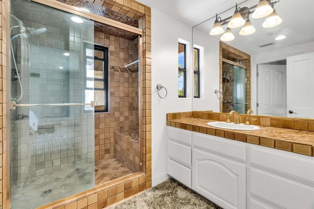 Bathroom, Glass Shower, Interior, Recessed Lighting, Tile Countertops