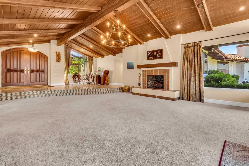Chandelier, Fireplace, Interior, Recessed Lighting, Wooden Beams, Wooden Ceilings