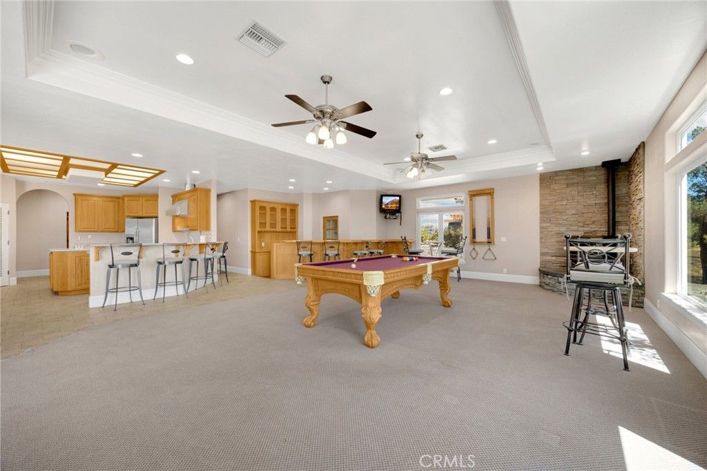 Billiard Table, Game Room, Interior, Recessed Lighting, Stone Walls