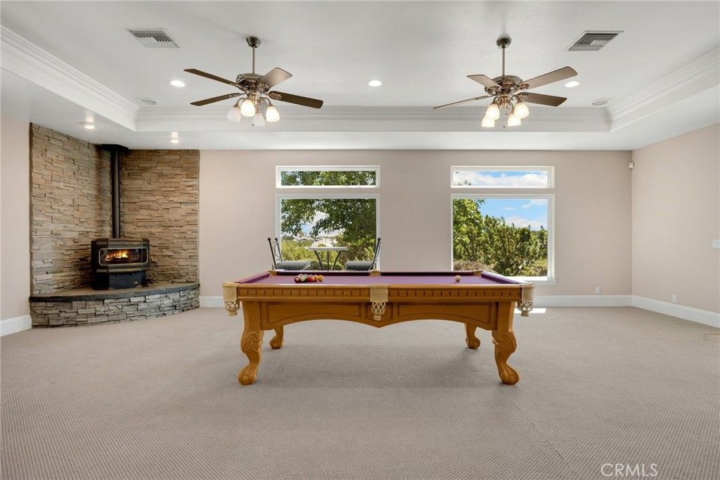 Billiard Table, Fireplace, Game Room, Interior, Recessed Lighting, Stone Walls