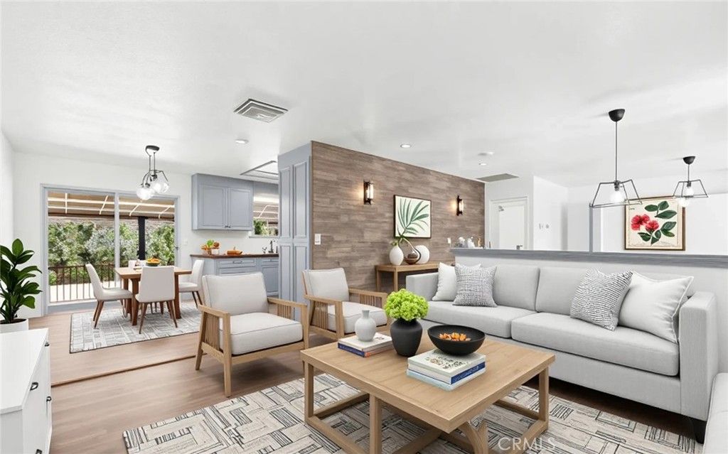 Dining room, Interior, Kitchen, Living room, Pendant Lights, Recessed Lighting, Stone Walls, Wood Texture Flooring