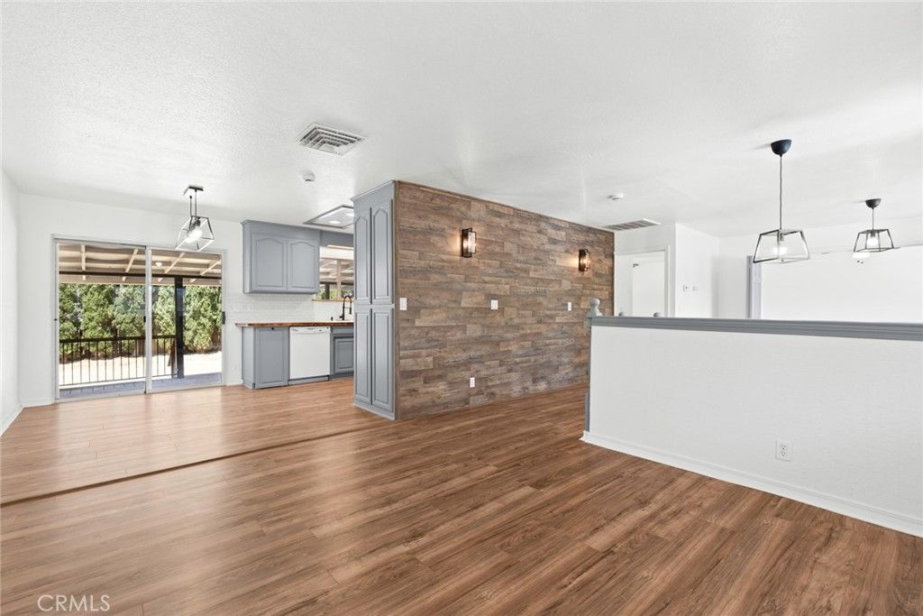 Empty room, Interior, Kitchen, Pendant Lights, Stone Walls, Wood Texture Flooring