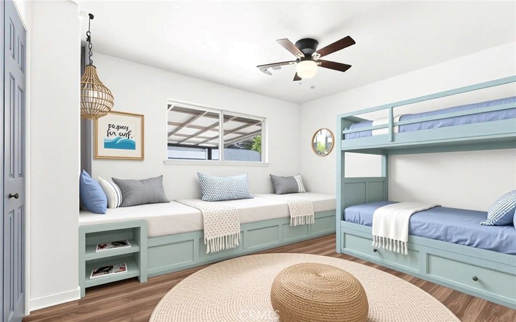 Bedroom, Interior, Pendant Lights, Wood Texture Flooring