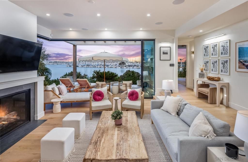 Fireplace, Interior, Living room, Recessed Lighting, Water, Wood Texture Flooring