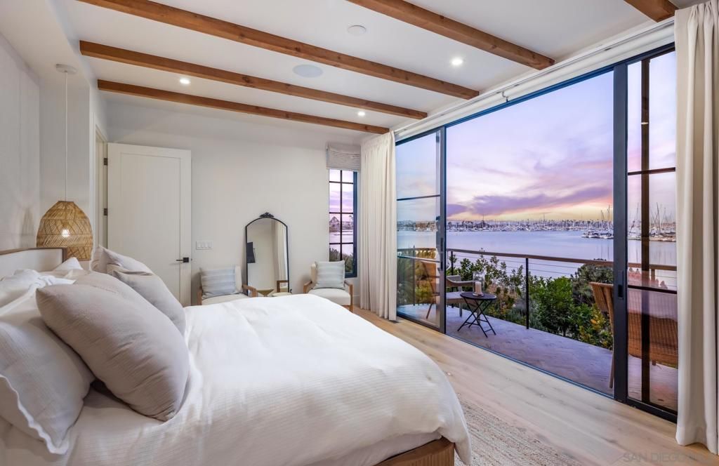 Bedroom, Interior, Recessed Lighting, Water, Wooden Beams, Wood Texture Flooring