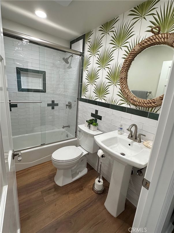 Bathroom, Glass Shower, Interior, Recessed Lighting, Wood Texture Flooring