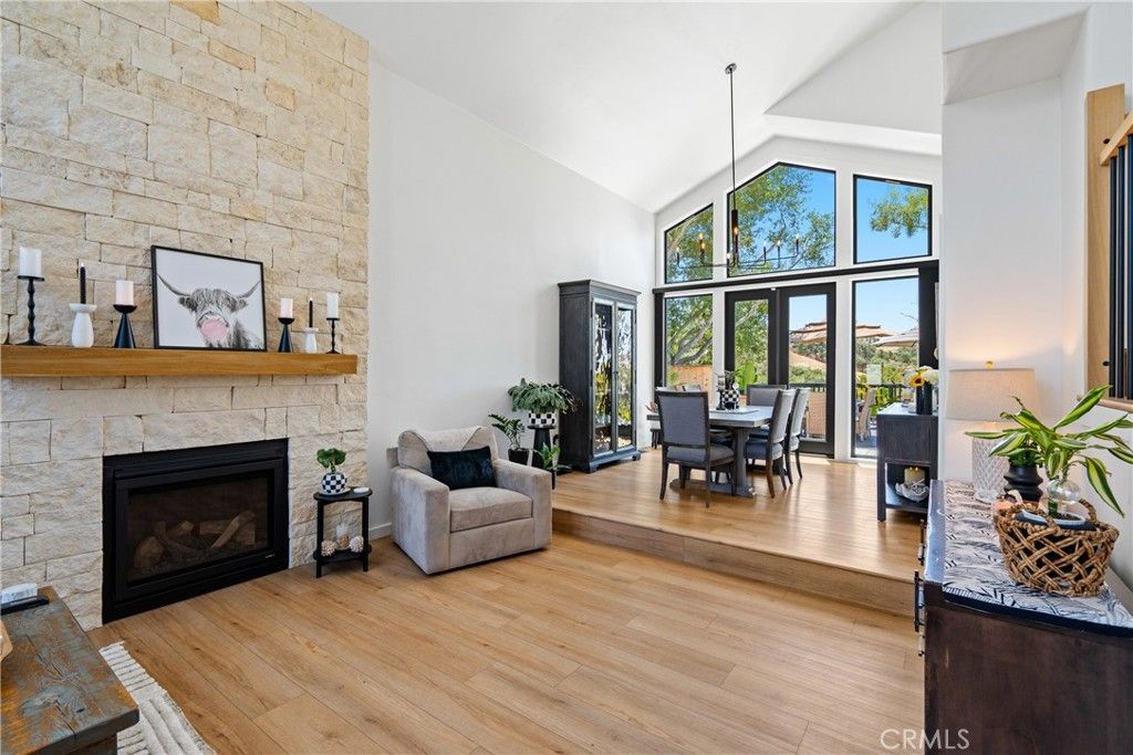 Dining room, Fireplace, Interior, Stone Walls, Wood Texture Flooring
