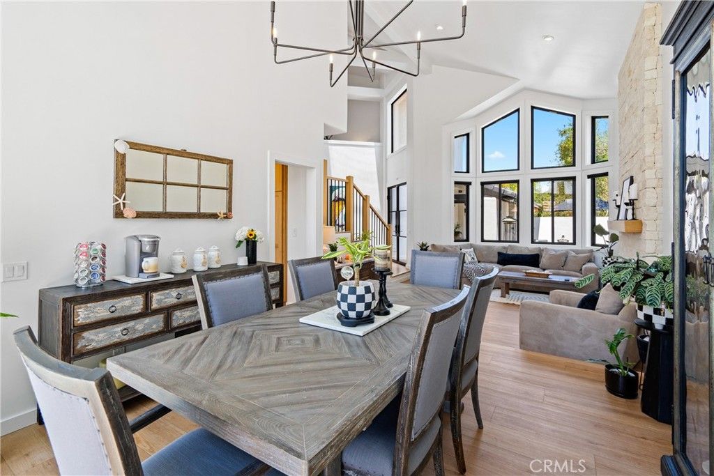 Dining room, Fireplace, Interior, Living room, Pendant Lights, Recessed Lighting, Stone Walls, Wood Texture Flooring