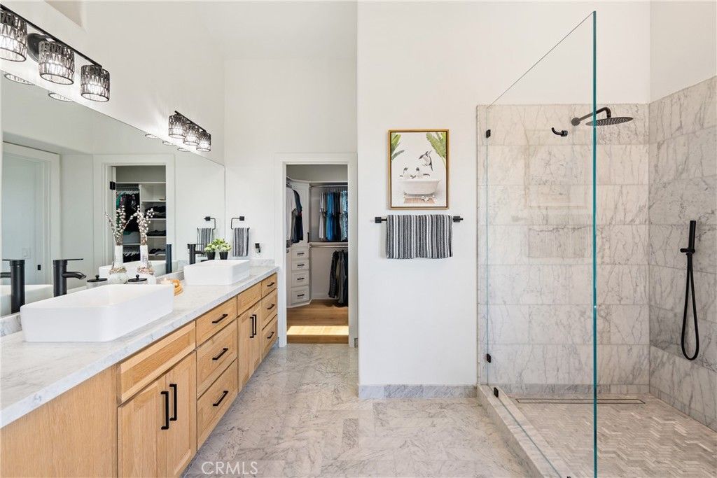 Bathroom, Dual Sink Vanities, Glass Shower, Interior, Marble, Marble Walls