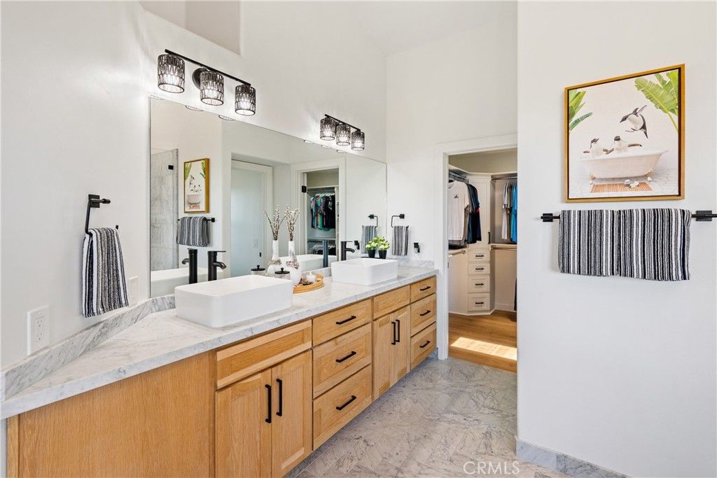 Bathroom, Dual Sink Vanities, Interior, Marble, Wood Texture Flooring