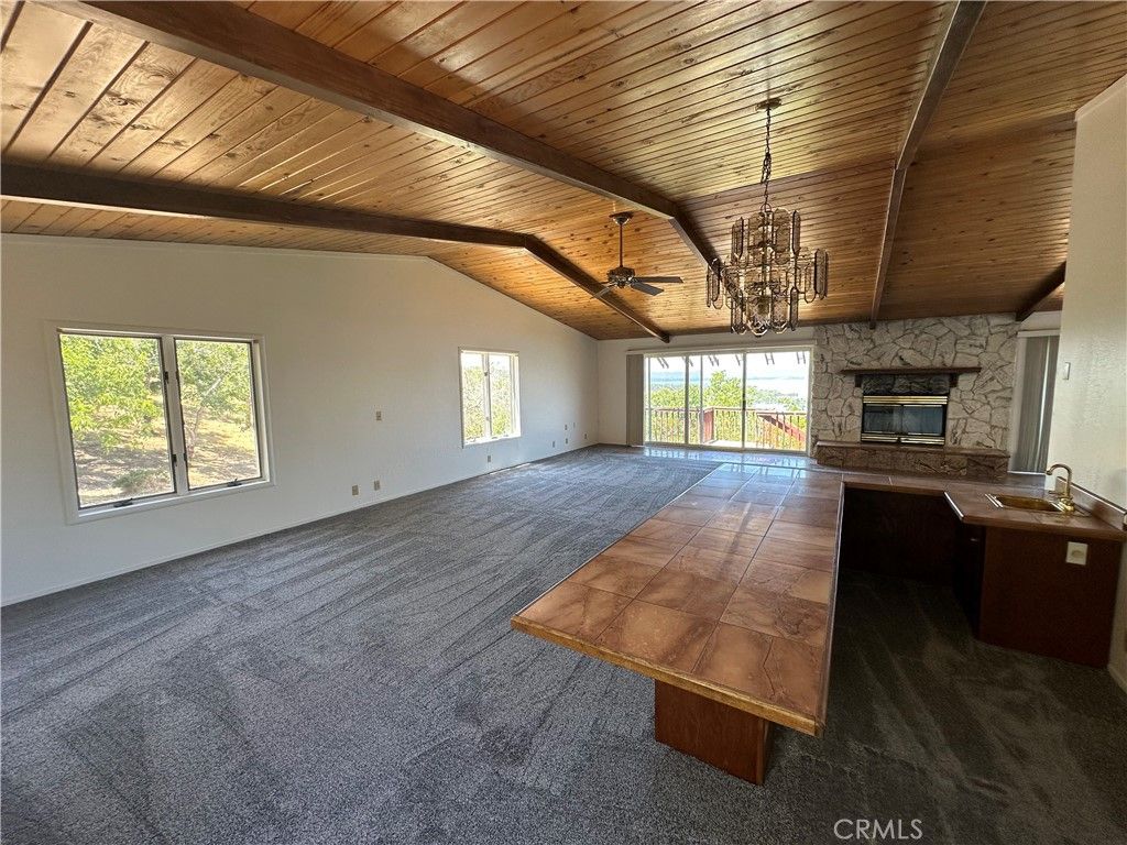 Chandelier, Empty room, Fireplace, Interior, Wooden Beams, Wooden Ceilings