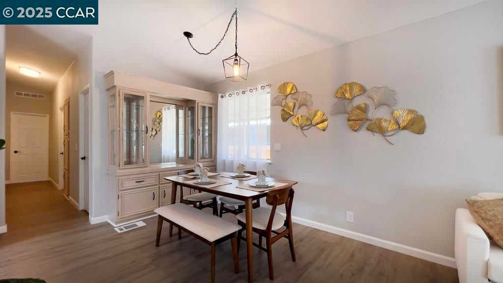 Dining room, Interior, Pendant Lights, Wood Texture Flooring