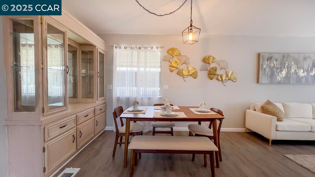 Dining room, Interior, Pendant Lights, Wood Texture Flooring