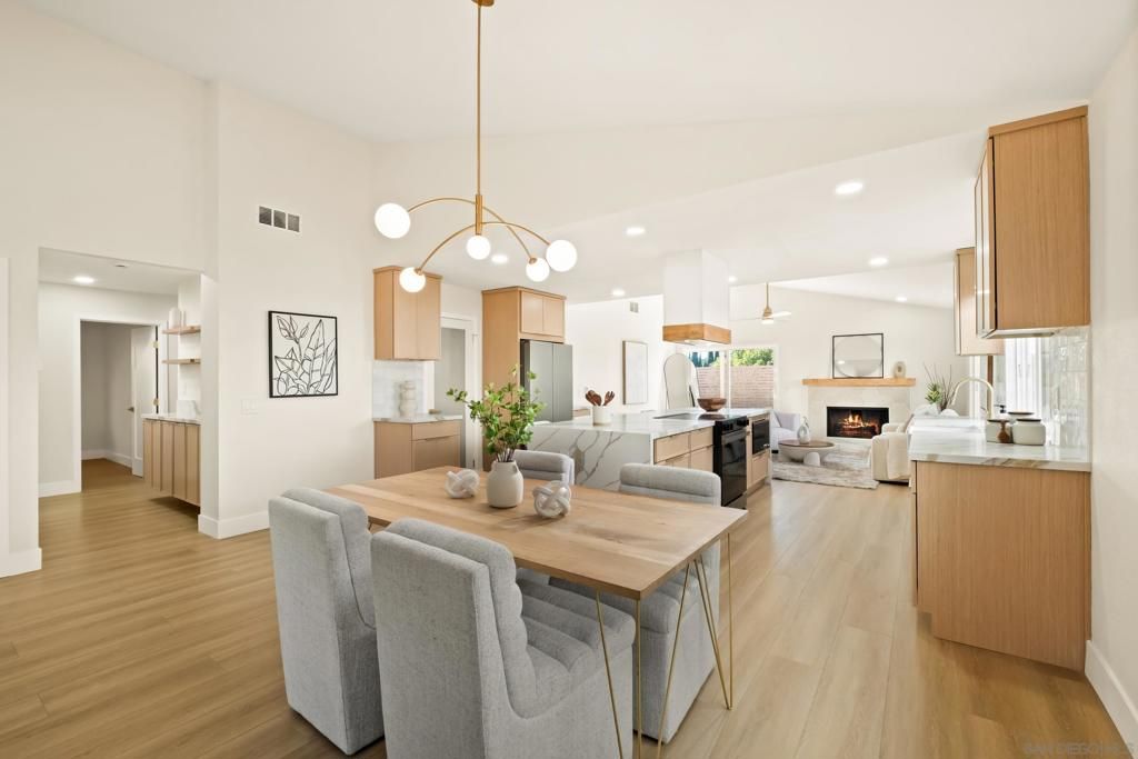 Dining room, Fireplace, Interior, Kitchen, Living room, Pendant Lights, Recessed Lighting, Wood Texture Flooring