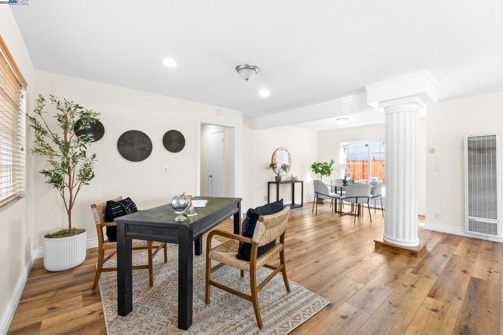 Dining room, Interior, Recessed Lighting, Wood Texture Flooring