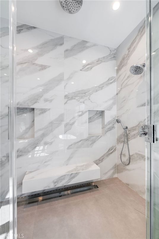 Bathroom, Glass Shower, Interior, Marble Walls, Recessed Lighting