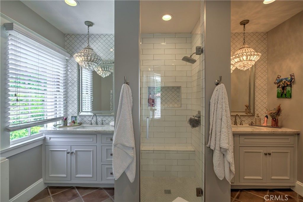 Bathroom, Chandelier, Glass Shower, Interior, Pendant Lights, Recessed Lighting