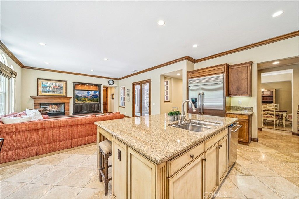 Dining room, Fireplace, Interior, Kitchen, Living room, Recessed Lighting, Stainless Steel Appliances