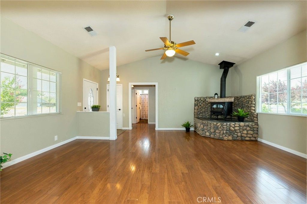 Empty room, Fireplace, Interior, Recessed Lighting, Wood Texture Flooring