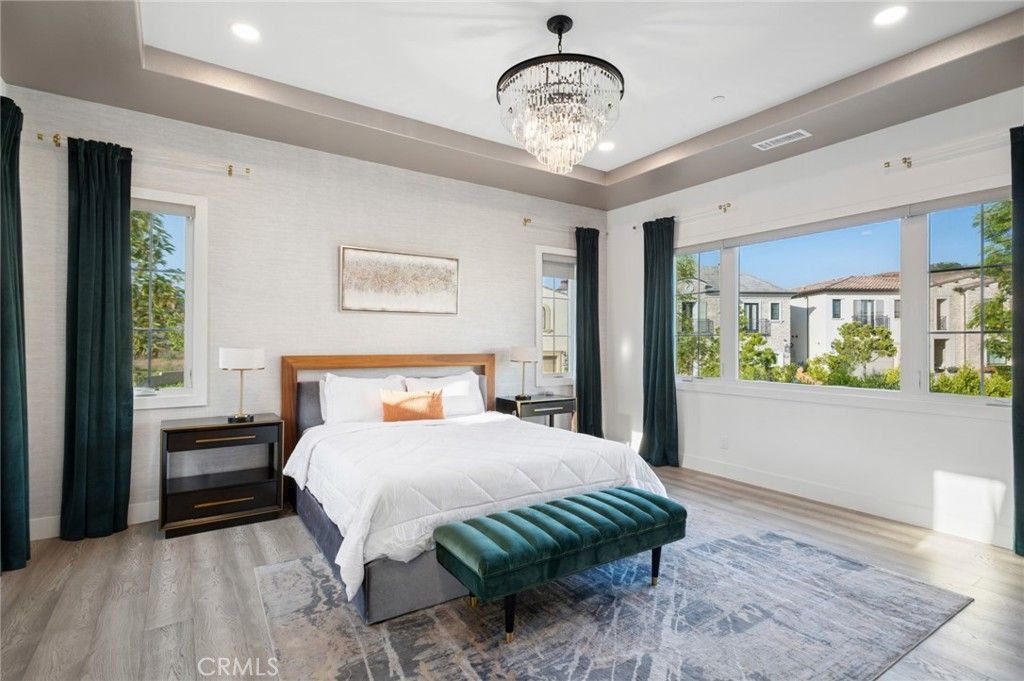 Bedroom, Chandelier, Interior, Recessed Lighting, Wood Texture Flooring