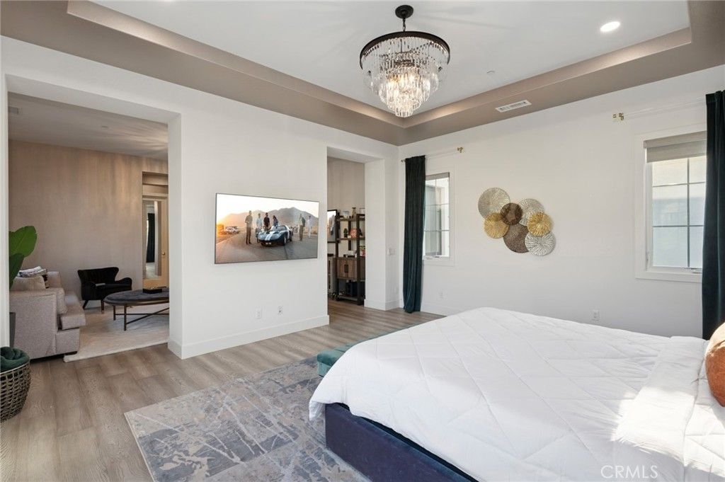 Bedroom, Chandelier, Interior, Recessed Lighting, Wood Texture Flooring