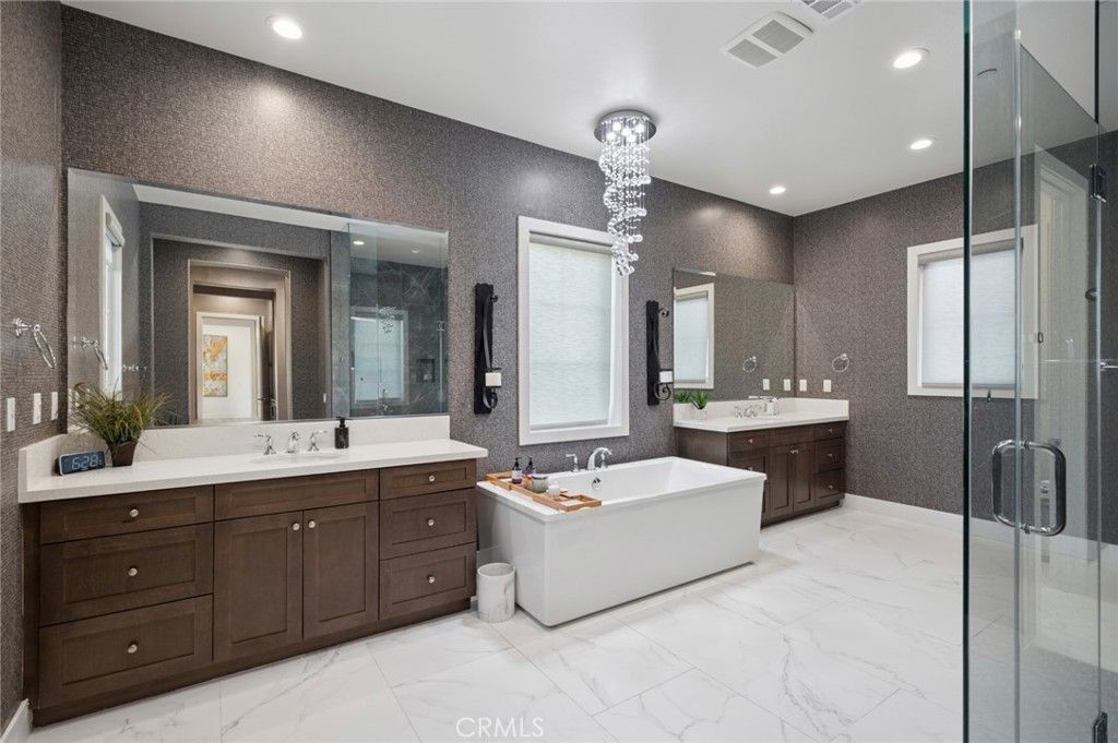 Bathroom, Chandelier, Dual Sink Vanities, Free Standing Baths, Glass Shower, Interior, Marble, Recessed Lighting