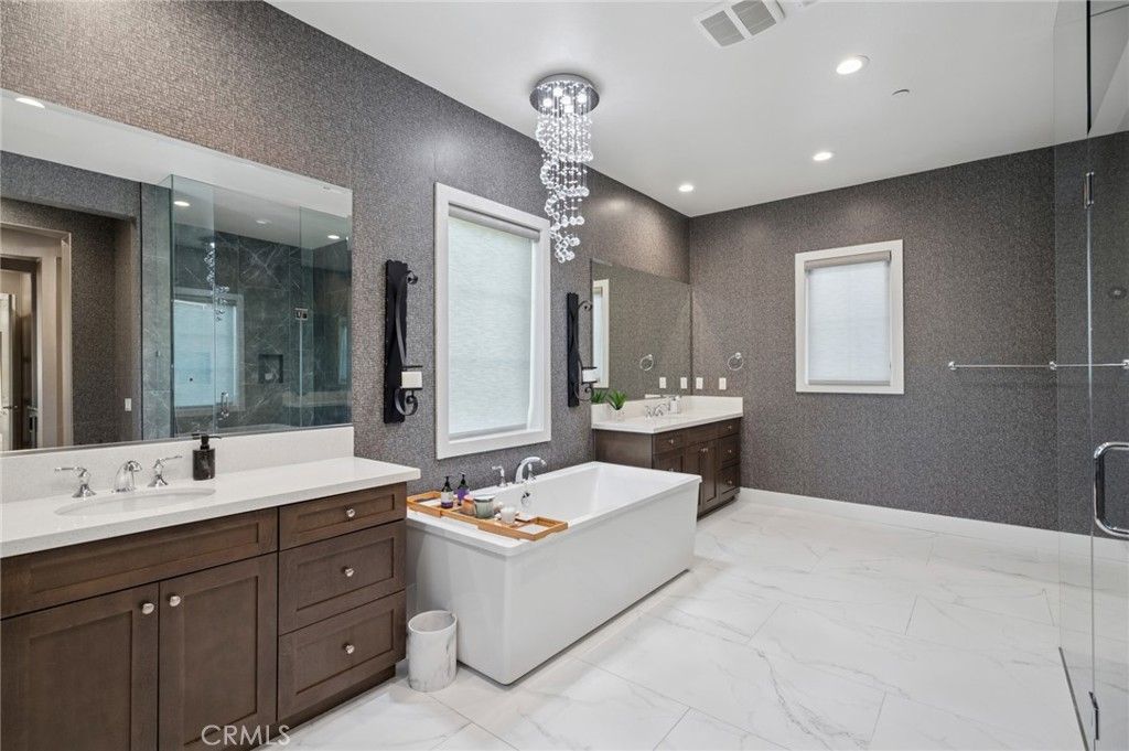 Bathroom, Dual Sink Vanities, Free Standing Baths, Glass Shower, Interior, Marble, Pendant Lights, Recessed Lighting