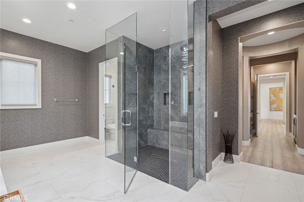 Bathroom, Glass Shower, Interior, Marble, Recessed Lighting, Wood Texture Flooring