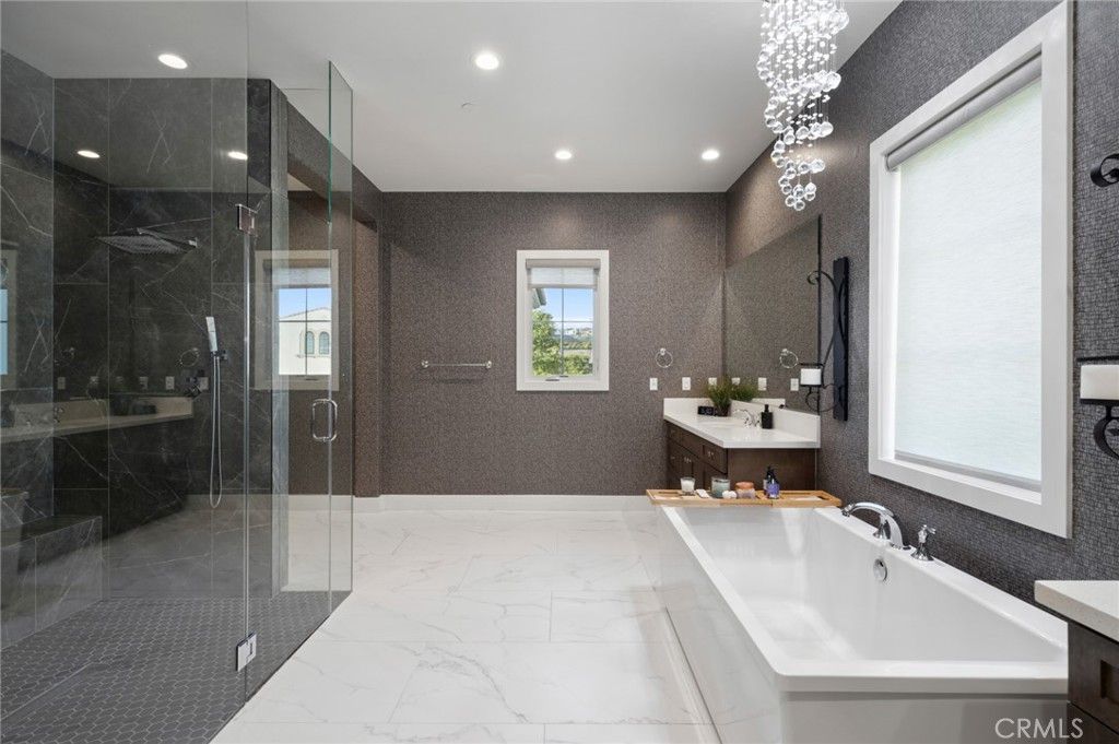 Bathroom, Dual Sink Vanities, Glass Shower, Interior, Marble, Pendant Lights, Recessed Lighting