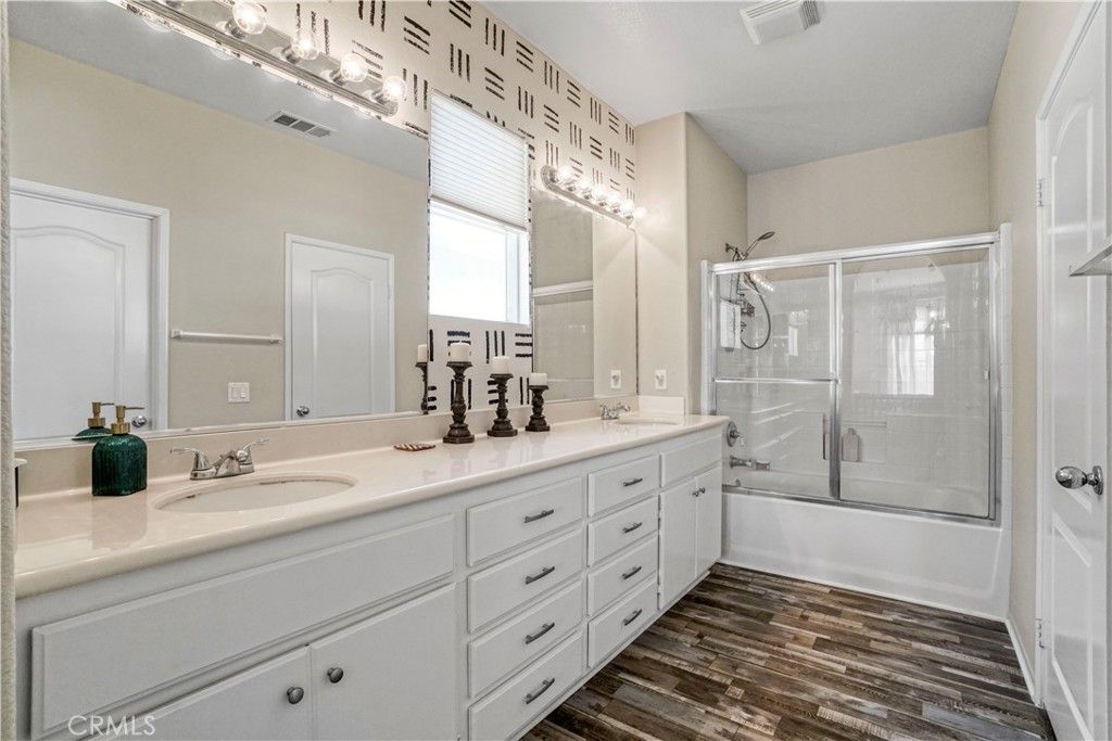 Bathroom, Dual Sink Vanities, Glass Shower, Interior, Wood Texture Flooring