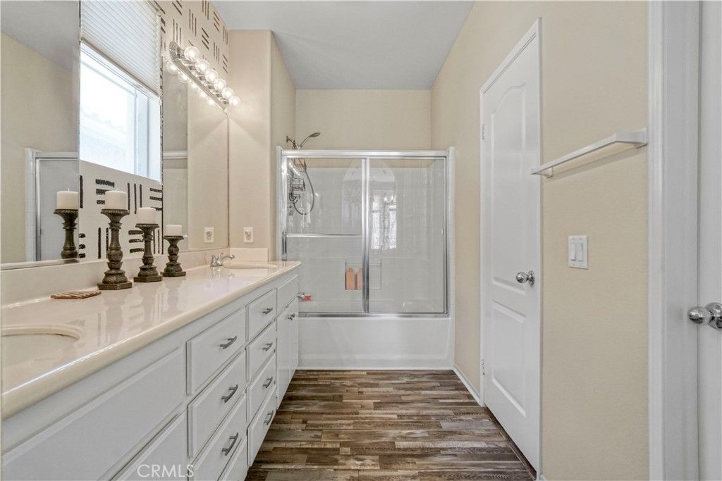Bathroom, Dual Sink Vanities, Glass Shower, Interior, Wood Texture Flooring