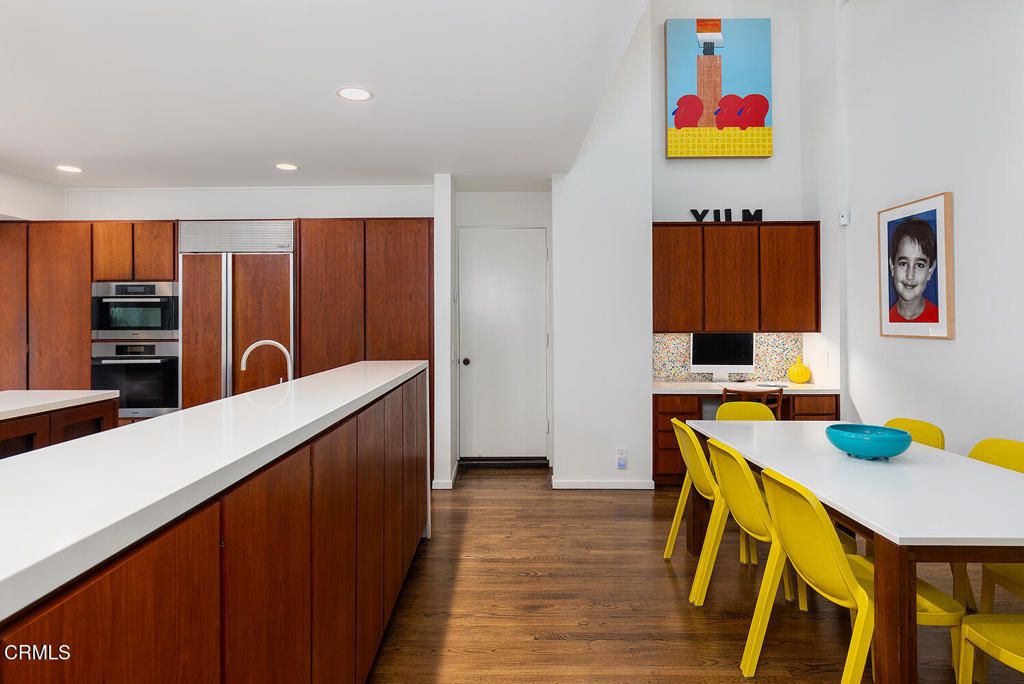 Dining room, Interior, Kitchen, Recessed Lighting, Stainless Steel Appliances, Wood Texture Flooring
