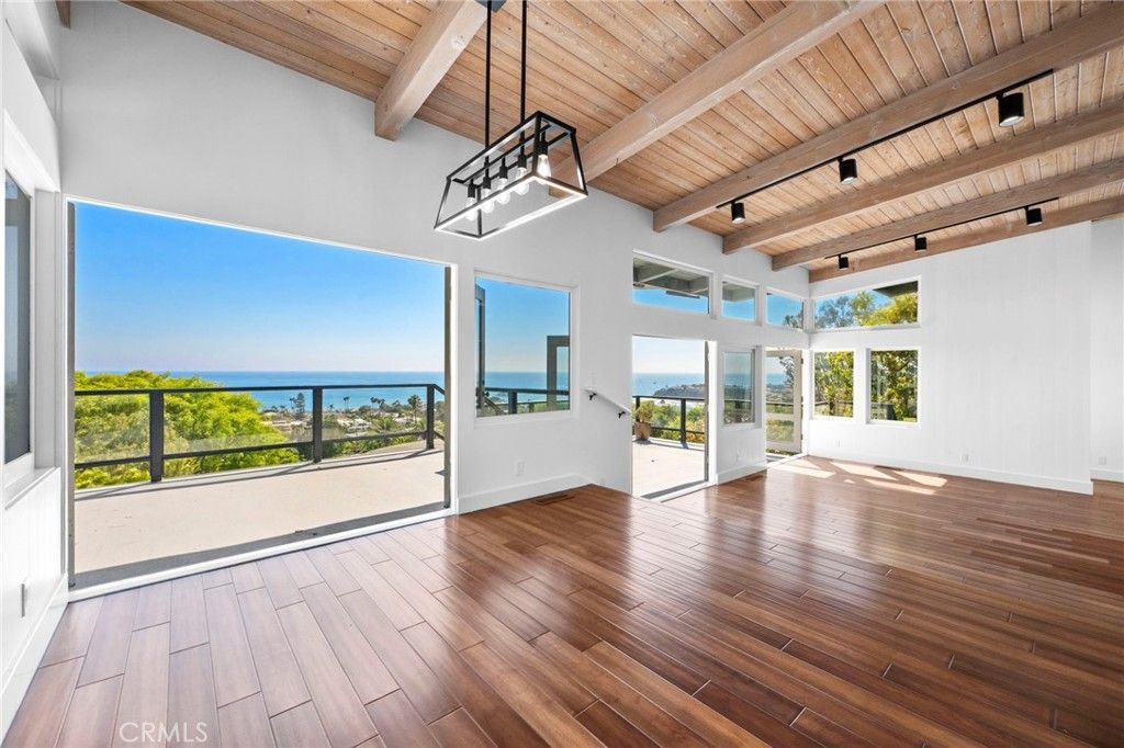 Empty room, Interior, Pendant Lights, Water, Wooden Beams, Wooden Ceilings, Wood Texture Flooring