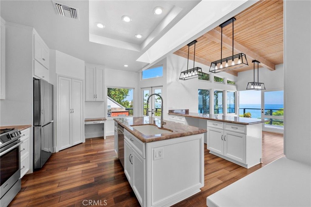 Interior, Kitchen, Pendant Lights, Recessed Lighting, Stainless Steel Appliances, Water, Wooden Ceilings, Wood Texture Flooring